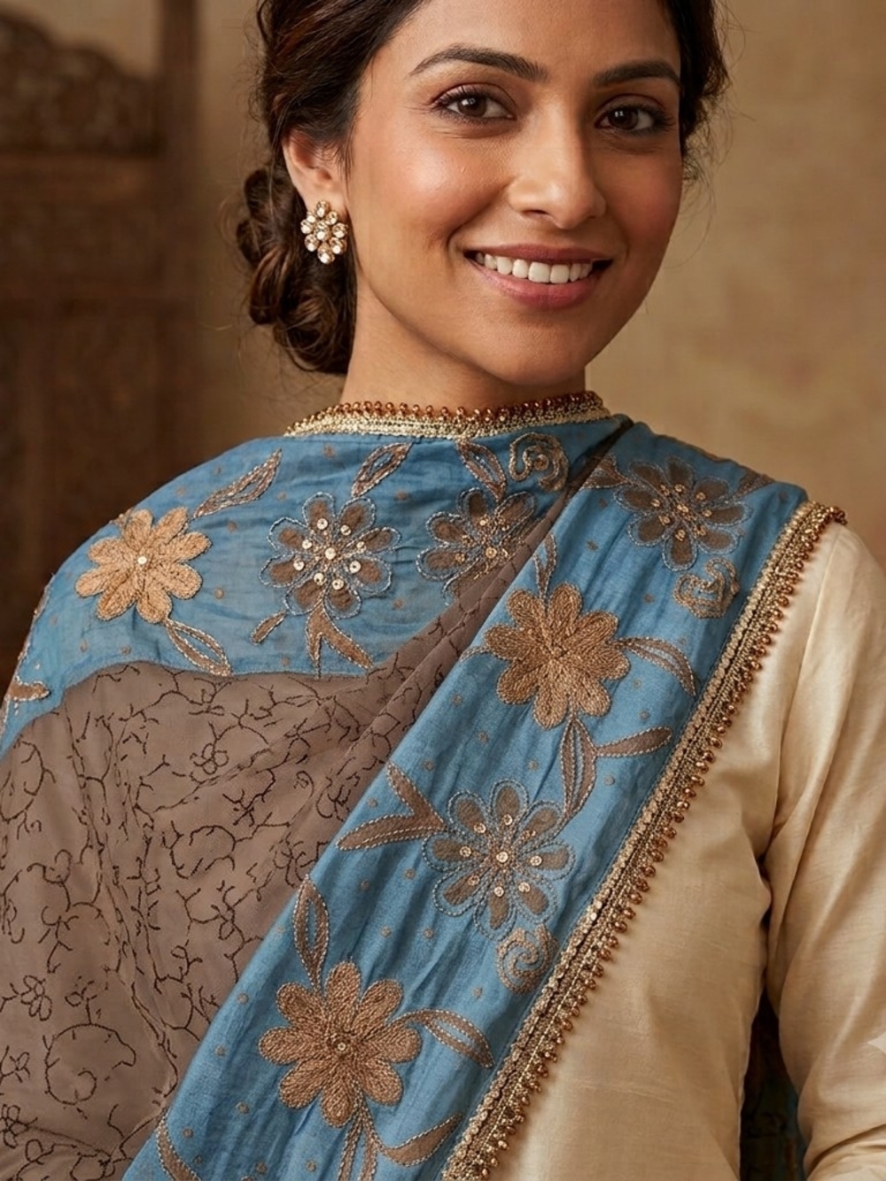 Embroidered Blue & Gold Floral Scarf